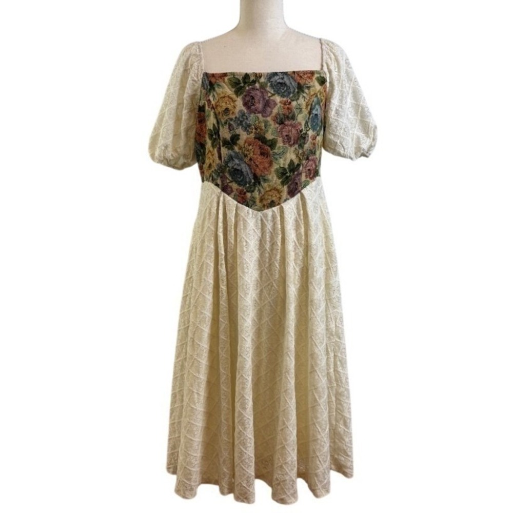 SHEIN Floral Midi Dress L Lace Trim Puff Sleeve Cottagecore Renaissance Milkmaid - Picture 2 of 12